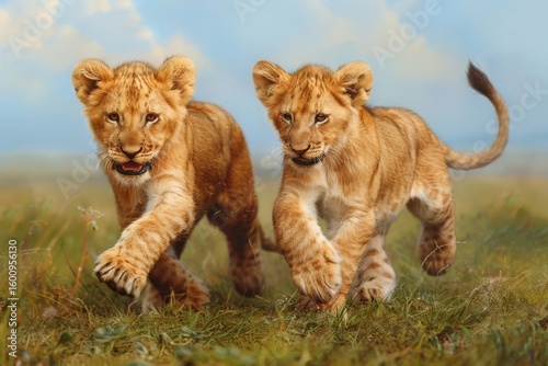 Two cute lion cubs romp playfully across a grassy landscape, displaying their playful spirit against a vibrant blue sky.