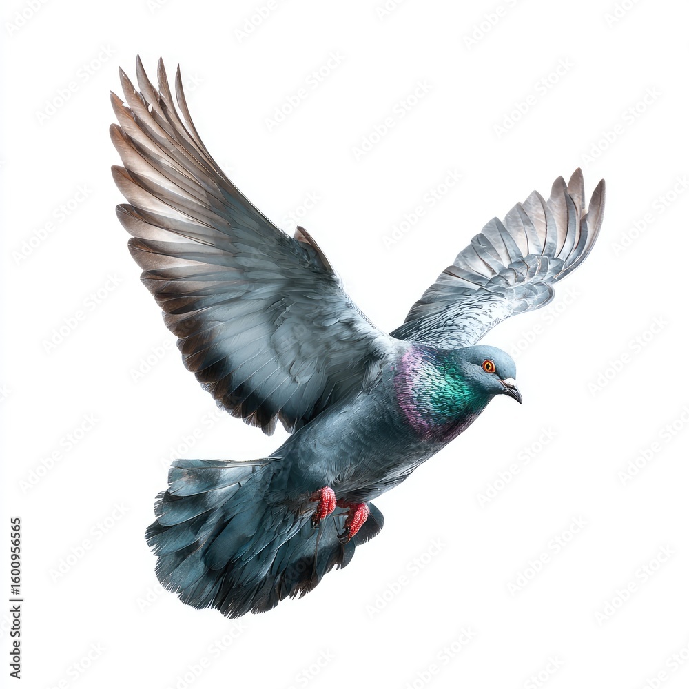 Obraz premium A pigeon in flight against a white background. Detailed view of its wings spread wide, showing feather patterns and colors. The bird is in mid-air, with a slightly angled perspective