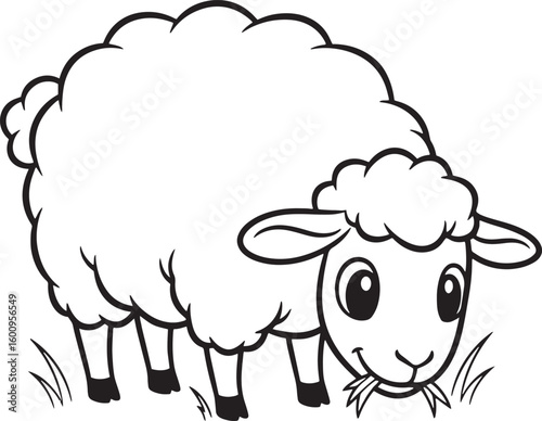 A cartoon illustration of a fluffy sheep grazing on grass, depicted in black and white.
