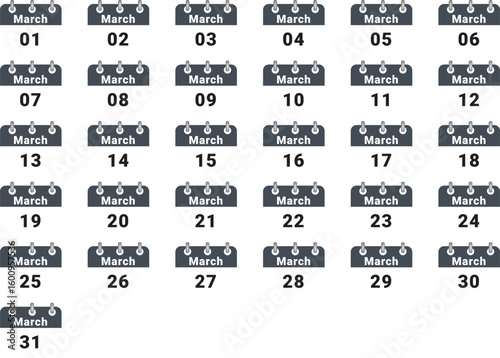 Grid of 31 days of March, calendar pages showing days of the month