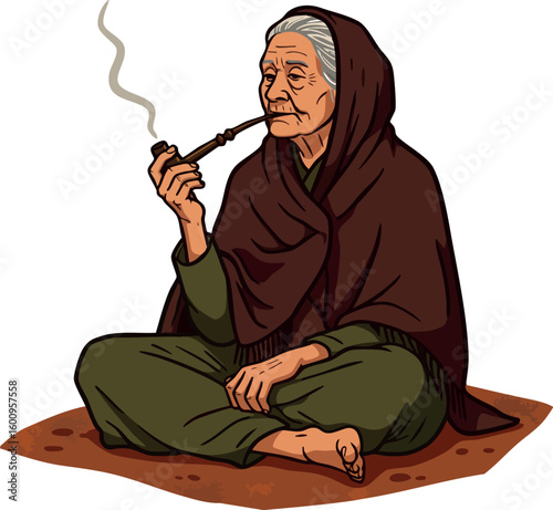 Elderly woman sitting cross-legged smoking pipe in traditional clothes vector illustration