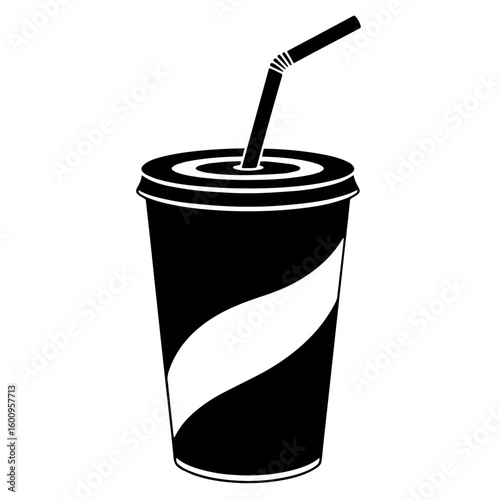 Black Disposable Drink Cup with Straw Icon, Simple Silhouette of a Takeaway Beverage Cup, Vector Graphic: Plastic Drink Cup with Lid and Straw, Modern Icon of a Cold Drink Cup for Beverages.