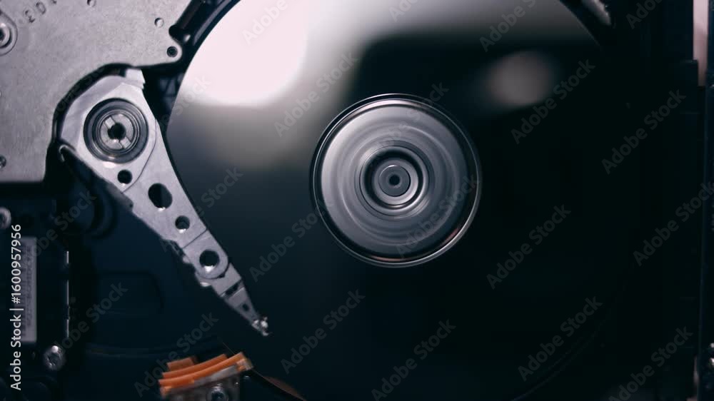Macro close up of working opened hdd drive hard disk, move of writing, reading magnetic head Macro close up of working opened hdd drive hard disk, move of writing, reading magnetic head