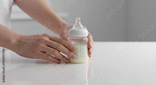 Woman's hands gently place a baby bottle filled with milk on a clean surface.