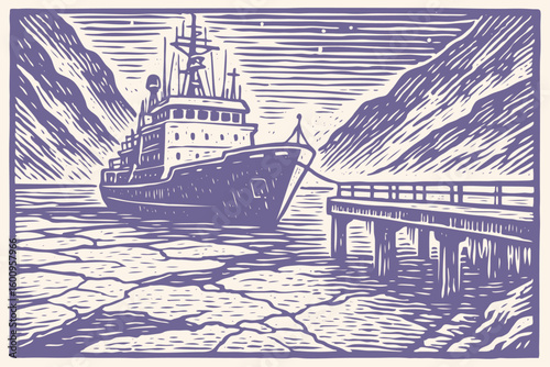A research icebreaker is moored to a pier in a frozen arctic fjord. Polar expedition scene in a vintage woodcut vector style.