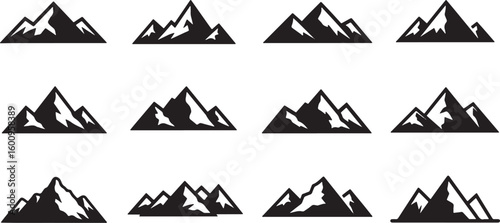 Twelve Black Mountain Icons With White Snow Accents, mountain, mountains, peak, peaks, snow, snowy, summit, summits, landscape, nature, outdoor, adventure, travel, exploration, hiking, climbing, trekk