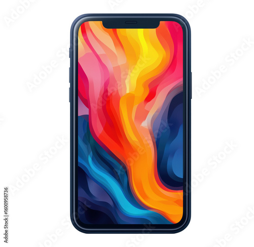Modern smartphone displaying abstract fluid art design in vibrant orange yellow and blue colors transparent