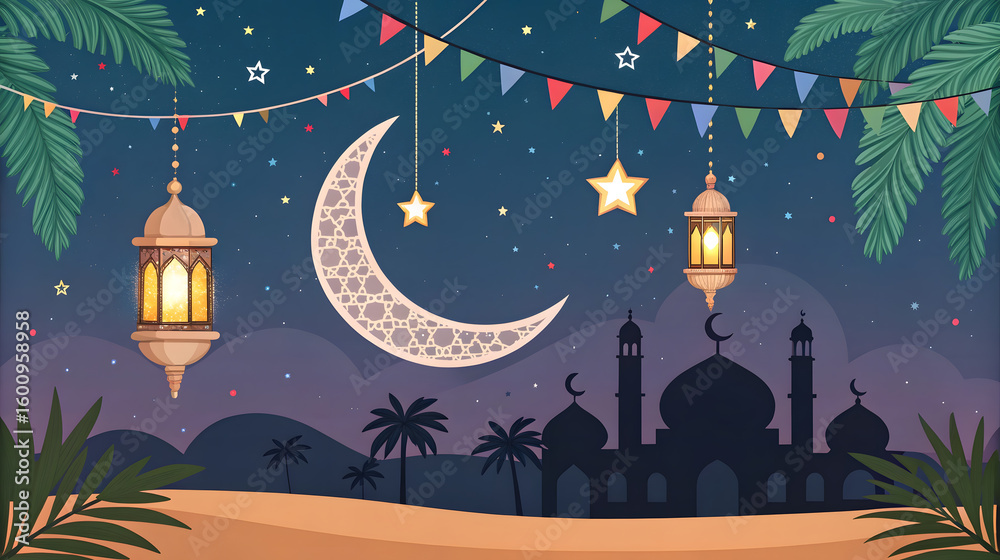 Fototapeta premium Ramadan night scene with crescent moon mosque and lanterns