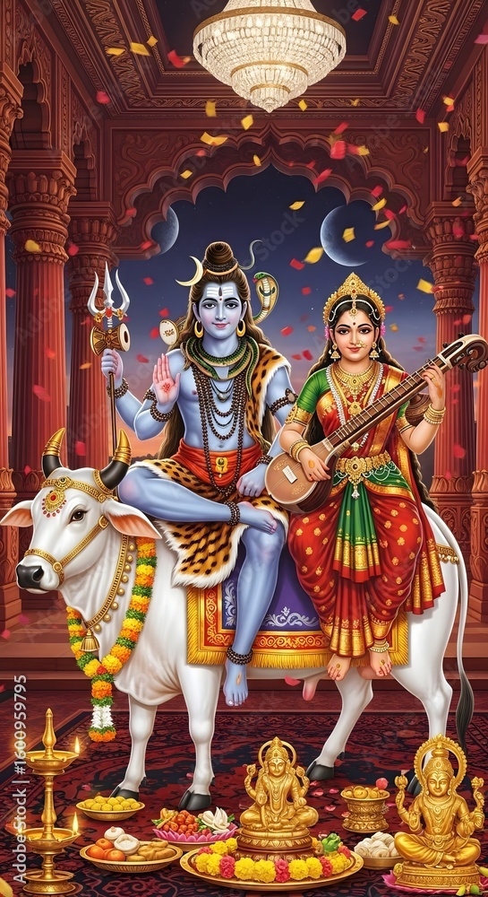 Fototapeta premium Explore lord shiva parvati images with nandi bull and saraswati devi hindu god wallpaper art