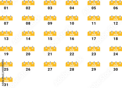 Grid of 31 days of July, calendar pages showing days of the month