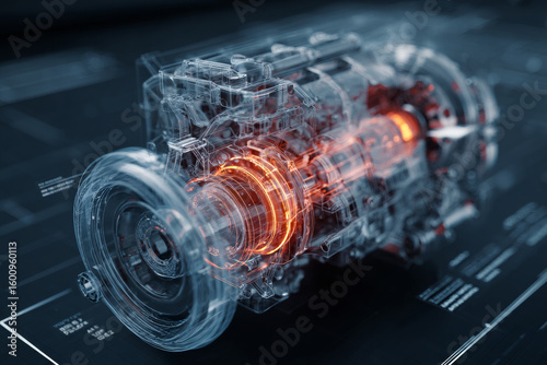 A detailed 3D model of a car engine rotates on a computer screen showcasing intricate parts. Technical annotations provide insights into engine components and mechanics