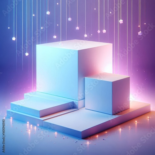 Empty display cubes illuminated by glowing stars hanging on strings in a dreamlike setting