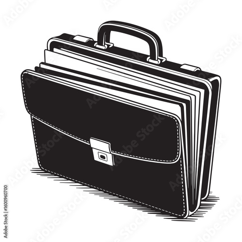 Black leather briefcase with papers and metal clasp white