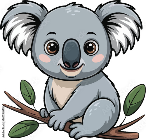 Adorable cartoon koala vector illustration, Australian wildlife animal on branch for kids and decor art


