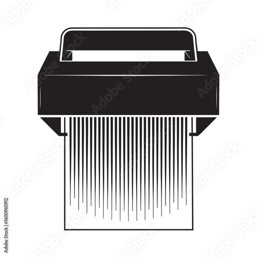 Black paper shredder with shredded paper falling office equipment document destruction