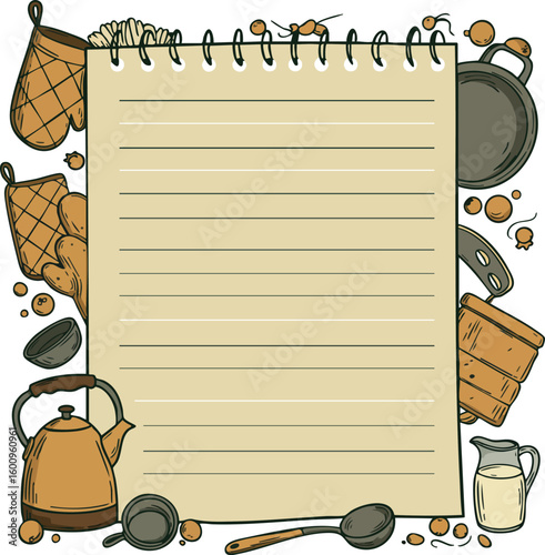 Kitchen utensils and cookware with blank notebook for recipe notes vector illustration