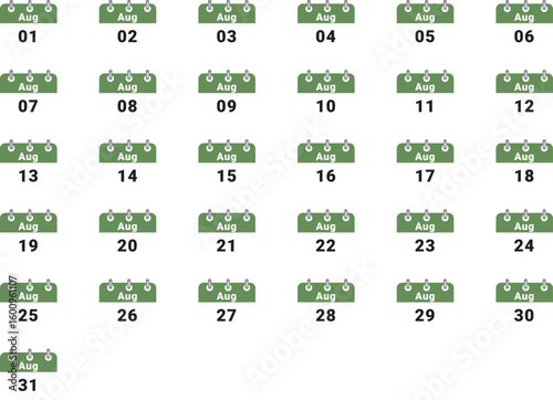 Grid of 31 days of August, calendar pages showing days of the month