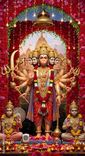 Hanuman panchmukhi hindu god statue with red roses and lights spiritual religious art india
