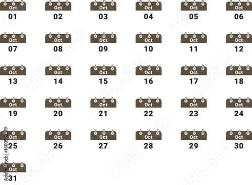 Grid of 31 days of October, calendar pages showing days of the month
