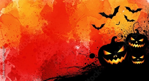 Spooky Halloween night with carved pumpkins and flying bats