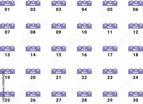 Grid of 31 days of November, calendar pages showing days of the month