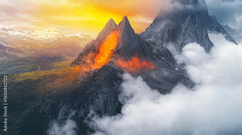 Fototapeta premium Dramatic view of jagged alpine cliffs illuminated by vibrant orange light under glowing dusk sky, surrounded by misty clouds and lush green forest below