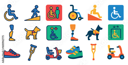 Collection of icons for various handicap related items. The icons include a wheelchair, a cane, a dog, a person in a wheelchair, and a person in a wheelchair with a dog