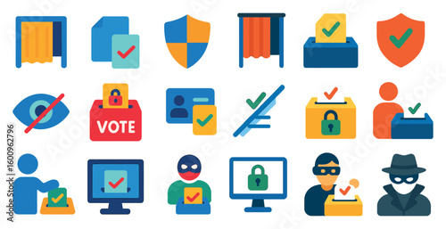 Collection of icons for voting, voting booths, and security. The icons include a person with a vote sticker, a person with a security badge, and a person with a voting booth