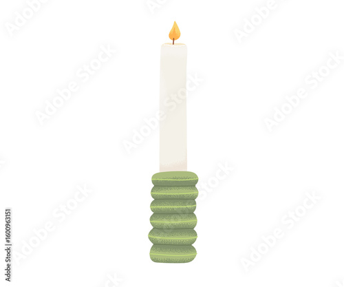 Tall white taper candle with a ribbed green ceramic base, burning flame, modern and minimalist illustration.