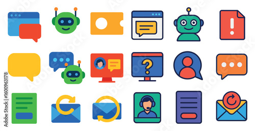 Collection of icons for various communication and messaging apps. The icons include a robot, a person, and a computer monitor