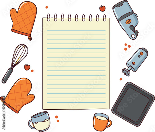 Kitchen cooking utensils with apron mitts cups and notepad vector illustration