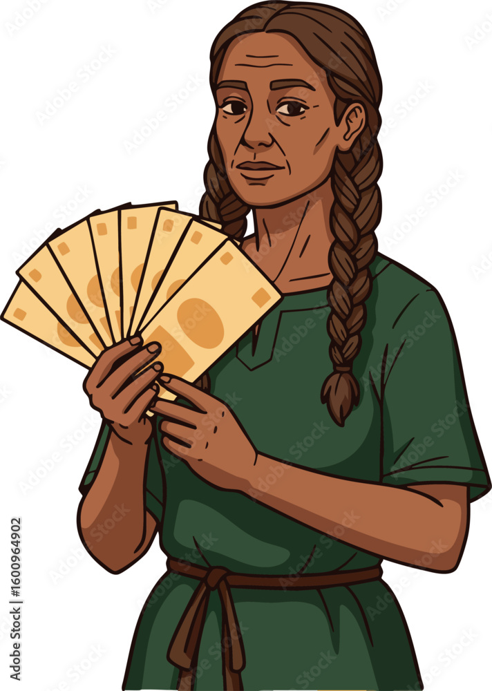 Obraz premium Woman holding fan of money in green dress with braided hair vector illustration