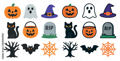 Halloween themed icons including a pumpkin, a cat, a ghost, a bat, a spider web, a cat, a pumpkin, a ghost, a cat, a pumpkin, a cat, a pumpkin, a cat, a pumpkin, a cat,