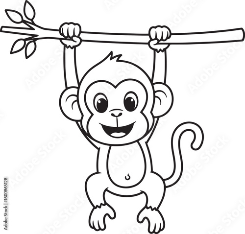 Cartoon monkey hanging from a branch with leaves, depicted in a simple, black and white line drawing.