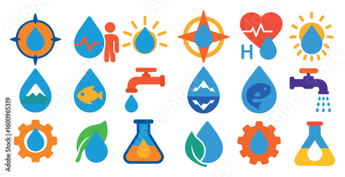 Collection of water icons, including a heart, a fish, a mountain, and a fish tank