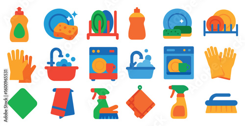 Collection of various kitchen items including a sink, dishwasher, and a variety of cleaning supplies