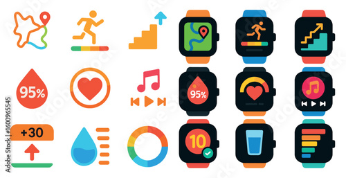 Collection of fitness watch icons including a heart, a water bottle, and a music note. The icons are arranged in a grid, with some of them overlapping