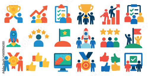 Collection of icons that represent success and achievement. The icons include a rocket, a flag, a star, and a thumbs up. Scene is one of positivity and motivation