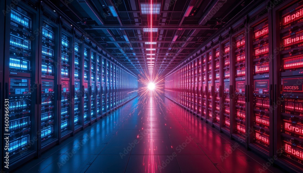 Fototapeta premium A futuristic data center corridor illuminated with blue and red lights, featuring rows of server racks converging toward a bright central light.