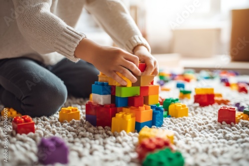 A child plays intently with colorful building blocks, building structures on a soft carpet. The setting is warm and inviting, encouraging creative imagination during leisure time
