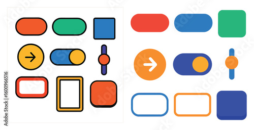 The two images show a variety of buttons and shapes in different colors. The first image has a more traditional look, with buttons in various shapes and sizes, while the second image has a more modern
