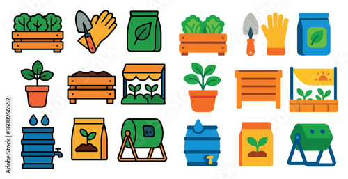 Collection of garden tools and plants. The plants are in various sizes and shapes, and the tools are scattered around them. Scene is one of growth and nurturing