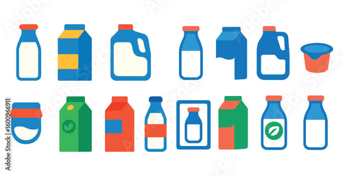 Set of milk cartons and bottles with a blue and green background. The cartons and bottles are of different sizes and colors