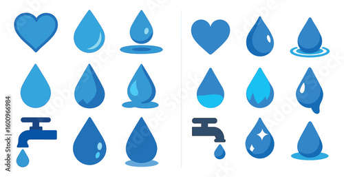 Collection of blue water droplets and a heart. The water droplets are arranged in various sizes and positions, with some falling from the top and others from the bottom