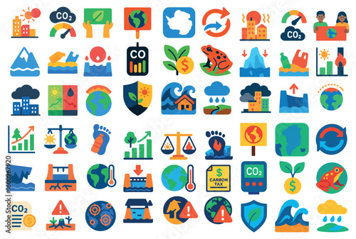 Collection of icons for environmental issues. Some of the icons include a frog, a house, a tree, a house with a roof, a house with a chimney, a house with a window, a house with a door