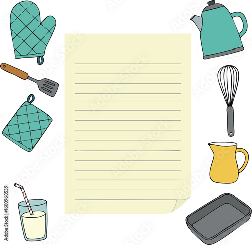 Kitchen utensils and glass with milk surrounding blank recipe note vector illustration