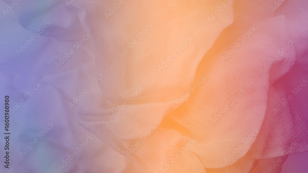 Fototapeta premium Dreamy Pastel Fabric Texture, Soft, Draped Tulle in Purple, Orange and Pink Hues
