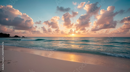 Inspire tropical beach seascape horizon. Orange and golden sunset sky calmness tranquil relaxing sunlight summer mood. tropical beach at either sunrise or sunset, featuring a wide expanse of soft