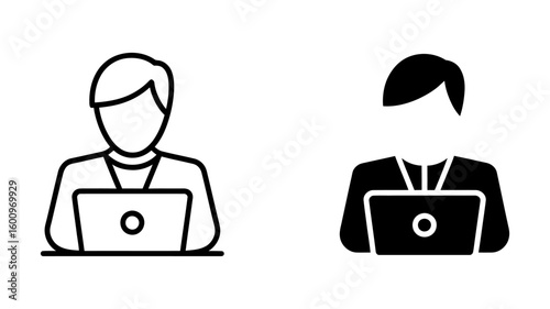 Vector art of a Person working on laptop, line art and solid icon set, professional, minimalist style.