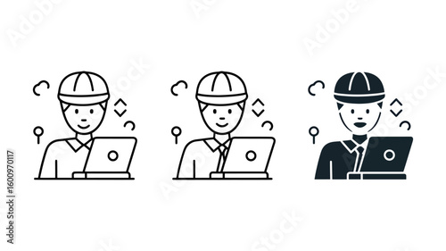 Vector art of a Smiling Engineer Working on Laptop: Line Art Icon Set, Three Styles, Positive Mood